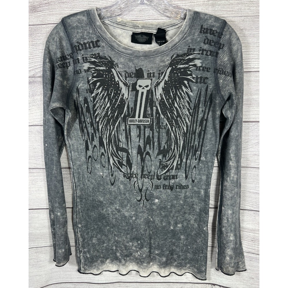 Harley Davidson Women's Gray Long-Sleeve Embellished Waffle Shirt Sz Small